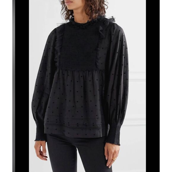 The Great PORTRAIT TULLE-TRIMMED FLOCKED COTTON-BLEND VOILE BLOUSE IN BLACK Sz 1 - Picture 1 of 4